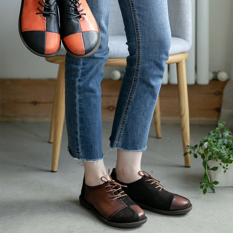 

Tayunxing Handmade Genuine Leather Spring Women Low Heels Lace Up Mixed Color Soft Retro Comfort Ladies Shoes 3996-3