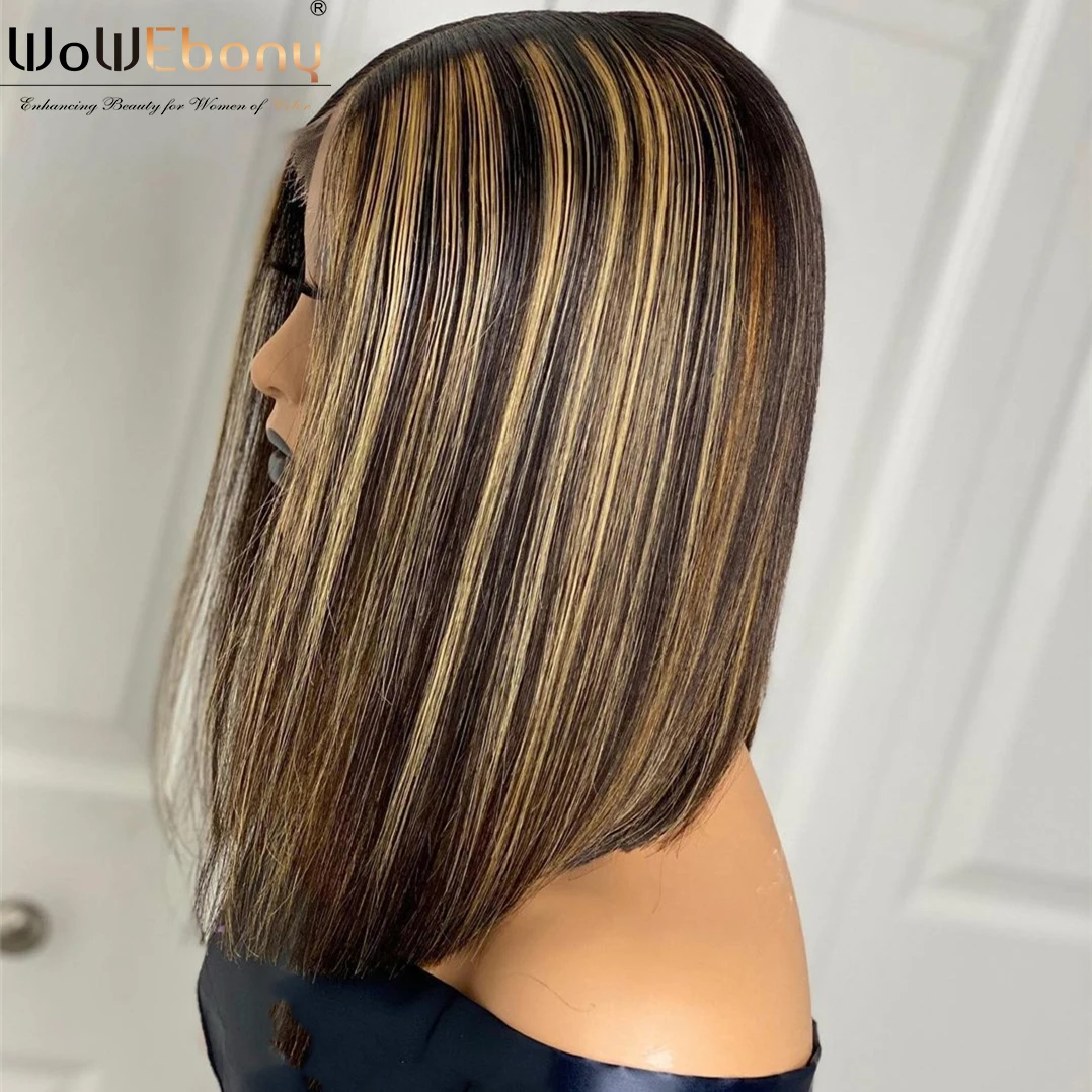 spesifikasi Wig WoWEbony Rambut Palsu Manusia Depan Renda Highlight Pirang Madu Wig Remy Bagian T Bob Pendek Lurus Coklat Ombre Untuk Wanita