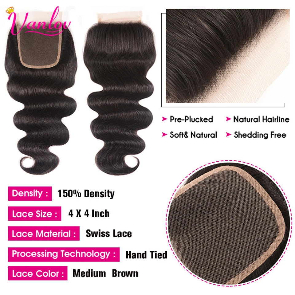 Vanlov Hair Peruvian Body Wave Human Bundles With Closure 4 4X4 Remy Jet Black 5 PCS/lot | Шиньоны и парики