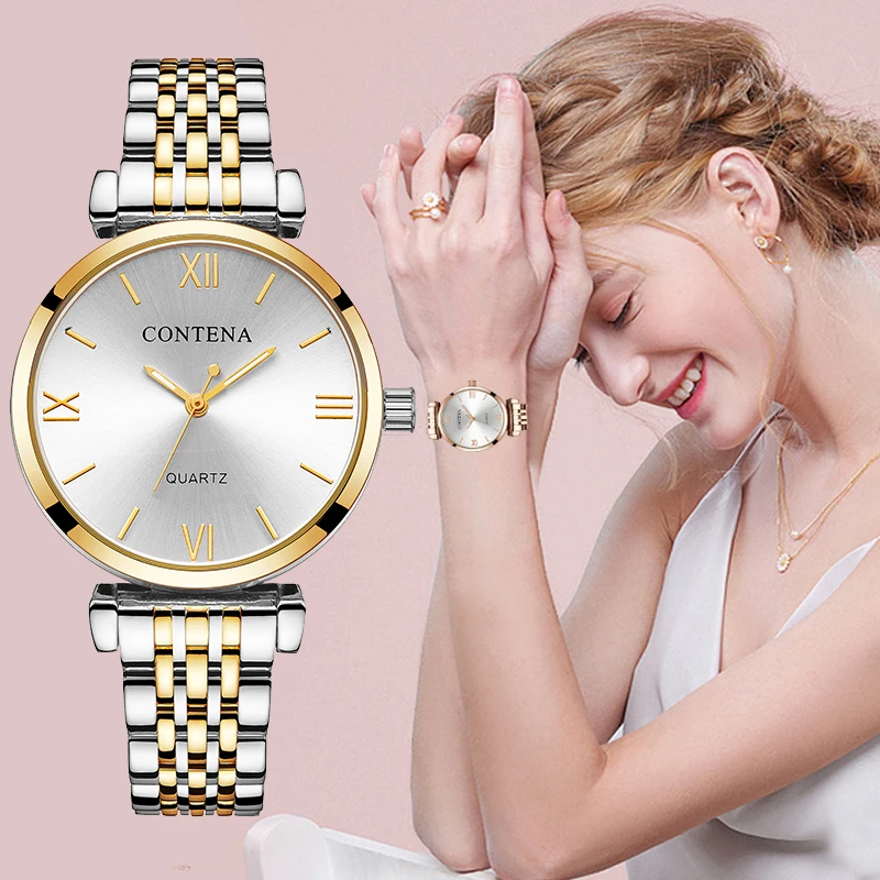CONTENA/роскошные золотые женские часы со стальным ремешком рождественские