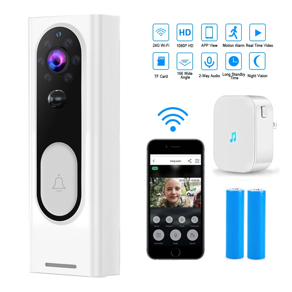 

Smart WiFi Video Doorbell 1080p HD Night Vision Infrared Wireless Call Intercom Home Security Alarm System Set