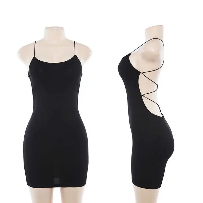 

Sexy Black Summer Girl Clothes Solid Black Backless Cross Sundresses Women Bodycon Evening Party Low Neck Mini Dress Robe Femme