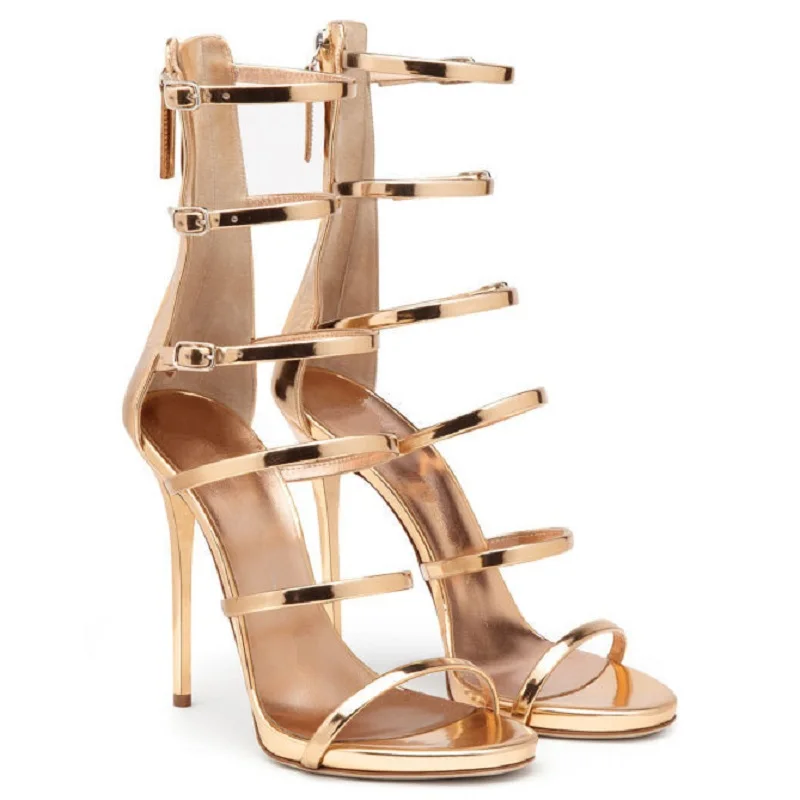 Spring and summer new golden patent leather stiletto sandals all-match banquet dress straps sexy plus size custom women's shoes