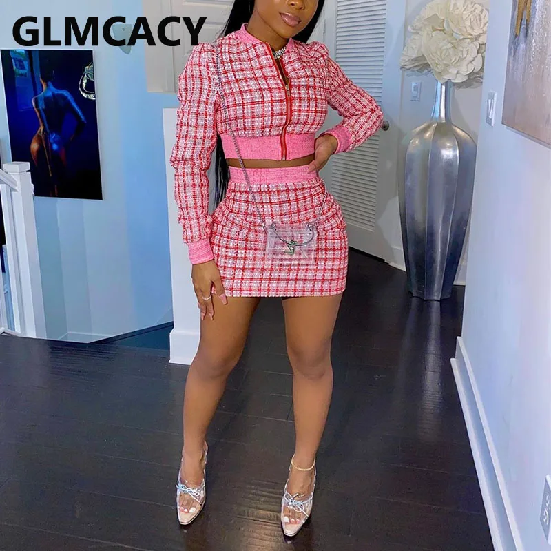 Женский клетчатый костюм из двух предметов короткий Блейзер на молнии с длинным