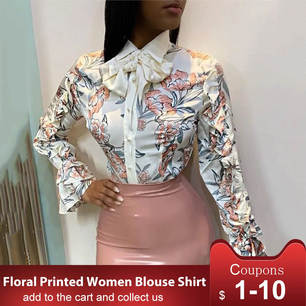 

Блузка женская с цветочным принтом, модная рубашка в африканском стиле, с длинным рукавом, с отложным воротником, с бантом, однобортная Мила...