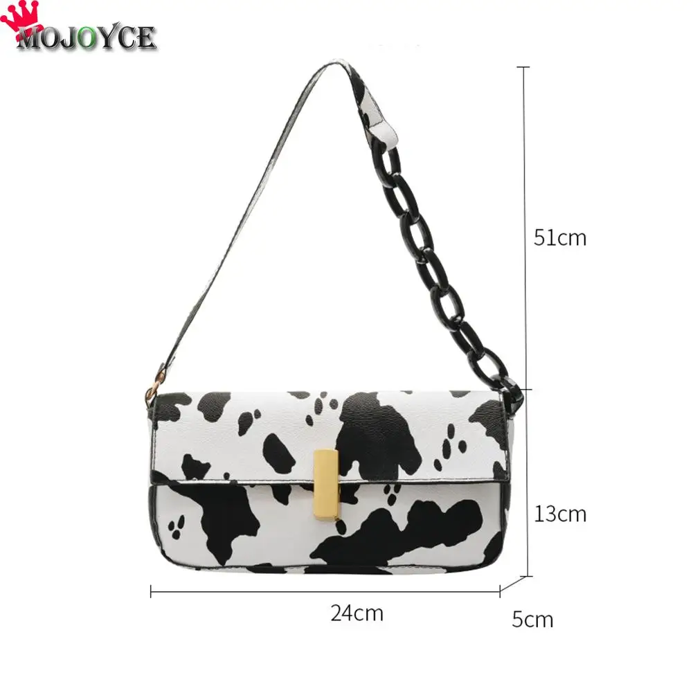 

Youth Ladies Simple Versatile Bag Women Cow Print PU Leather Handbags Lady Acrylic Chain Travel Shoulder Totes Bag