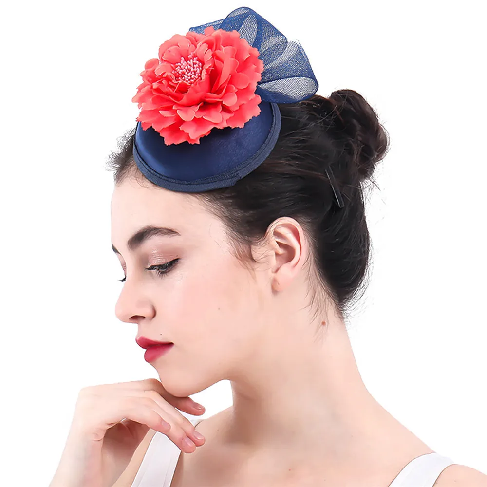 

Vintage Navy Hair Fascinators For Female Weddings Hat Elegantes Flower Hair Accessories With Hair Brooch Bridal Mesh Headwear