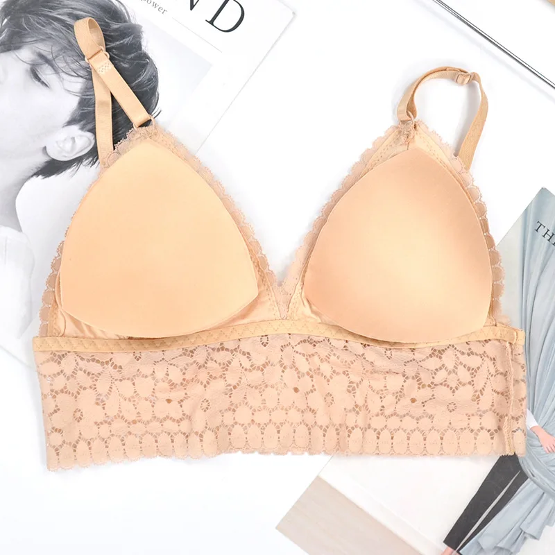 Thin French Style Bralette Lace Wireless Triangle Cup Women Lingerie Soft Bra Seamless Underwear Deep V Girls | Женская одежда