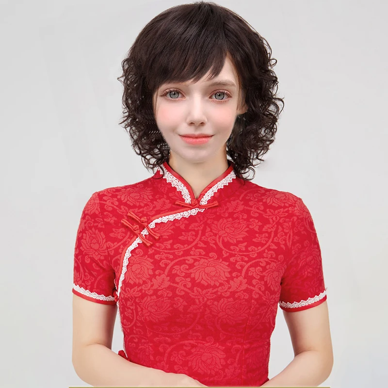 Medium-Length Human Hair Wig With Bangs Brazil BOB Loosely Curly Full-mechanized Curly Wig Women's Mother Wig Fashion Wool Roll