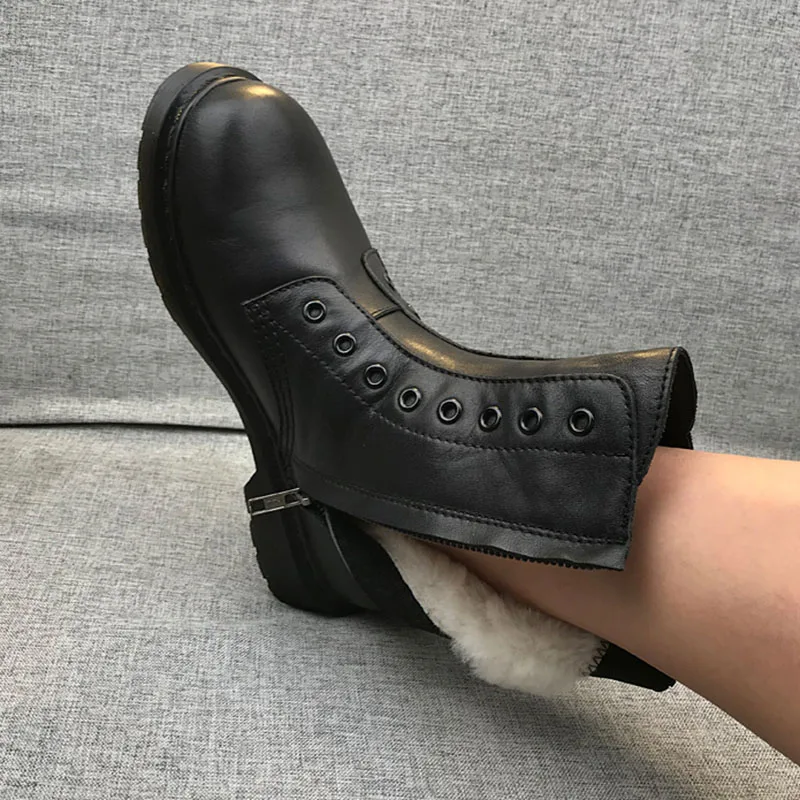 

2020 Winter Snow Boots Women Round Toe Black Real Leather High Heel Wool Fur Ankle Boots Female Warm Martin Boots