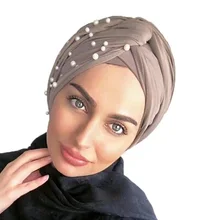 Chapeau Turban élastique en coton pour femmes musulmanes, Turban avec perles, couvre chef anti Cancer, chimio torsadé, bonnet, Hijab, couvre chef, nouvelle collection  (2)