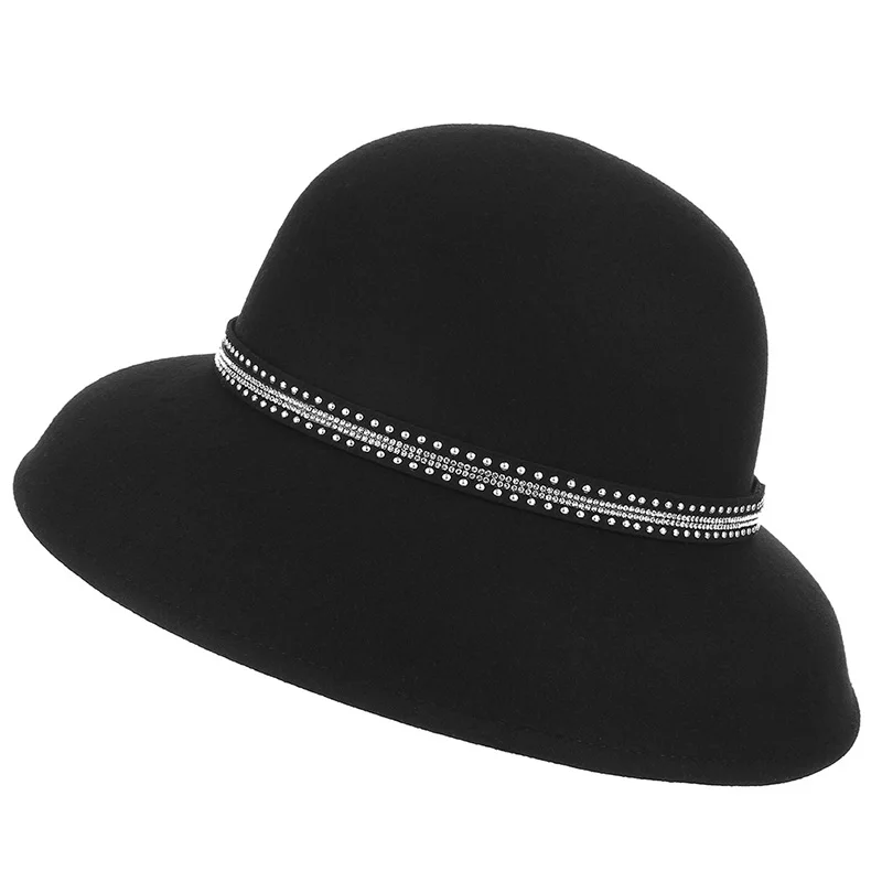 FS роскошный бренд заклепки украшения котелок из шерсти кепки для женщин шляпа