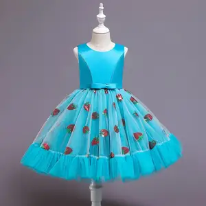 Голубое платье-пачка принцессы с блестками для девочек, детское бальное платье с клубничкой для свадьбы, выпускного вечера, дня рождения, Рождества, женское платье
