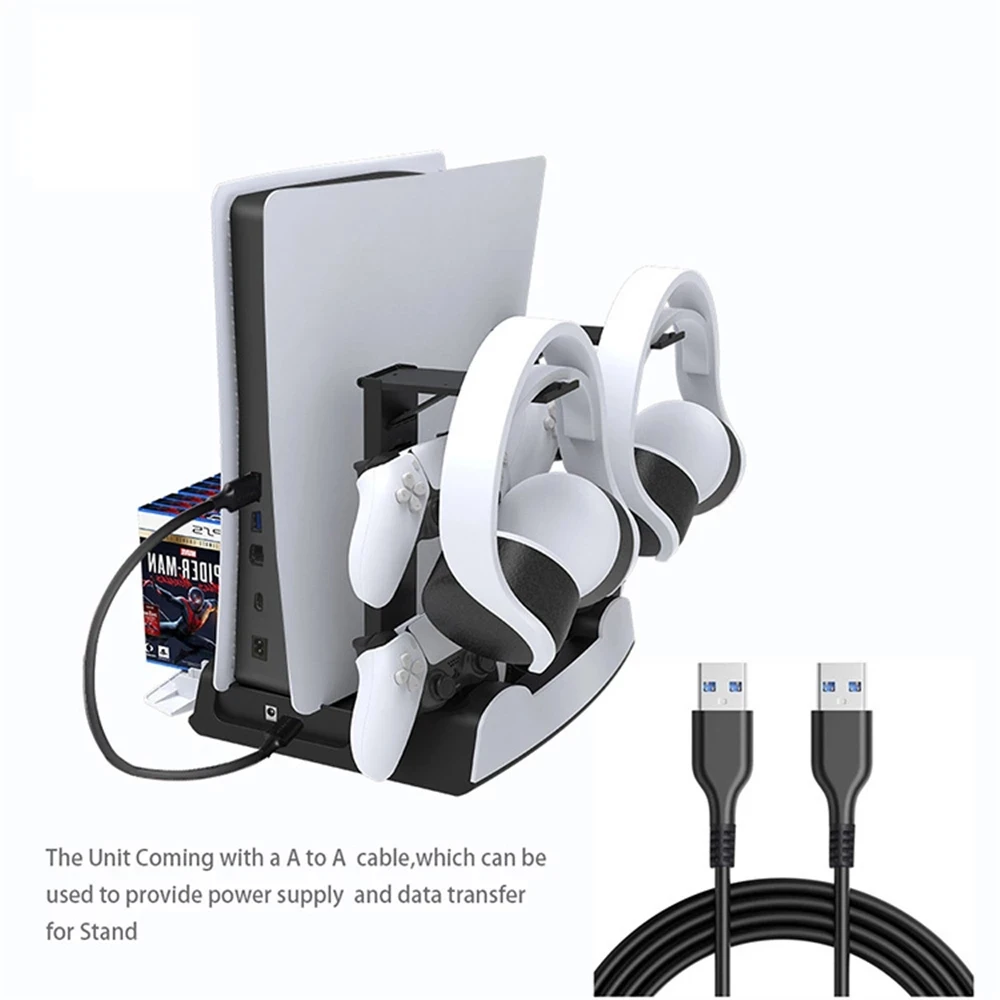 

LED Dual PS5 Controller Charging Stand and 4 Cooling Fan 2 Headset Hook & 13 Game Disc Storage for PlayStation 5 DE UHD Console