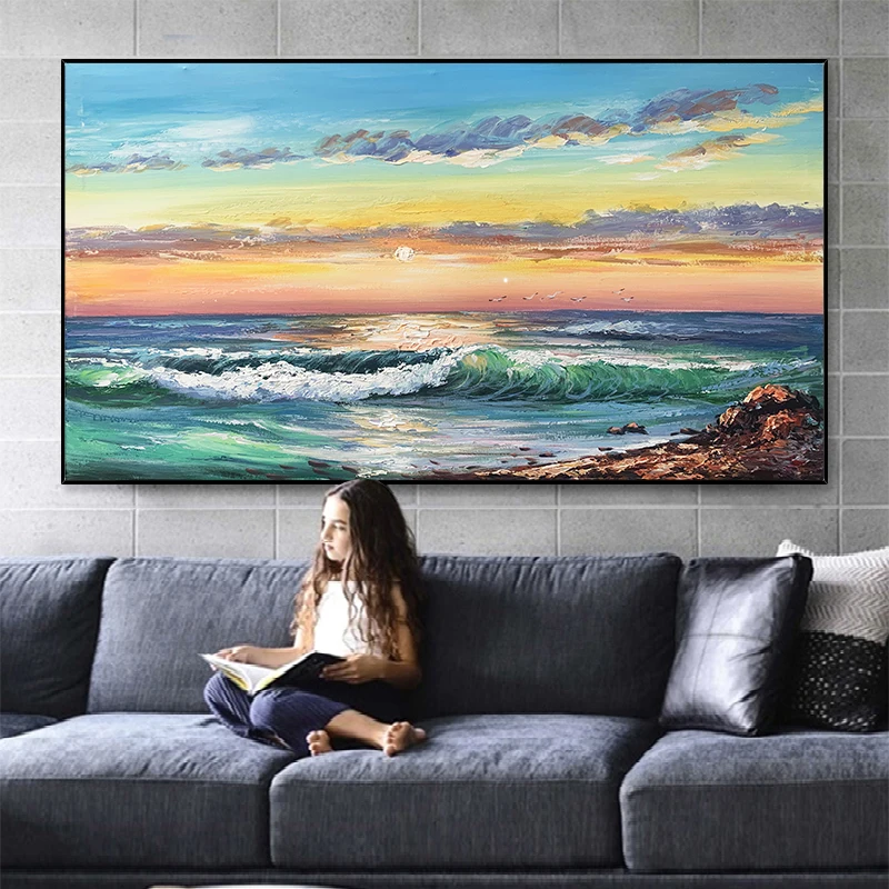 

Hand-painted Oil Painting Canvas Living Room Horizontal Wall Decoration Sailing Boat Sunrise Sea Hanging Painting Frameless