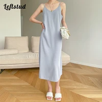 sexy v neck sleeveless sling pure color dress 2022 spring and summer new elegant temperament casual bottoming dress female