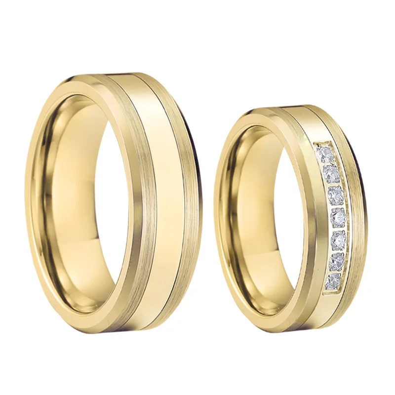 

Custom 18k gold plated couple wedding rings for men and women Love Alliance marriage ring band stainless steel jewelry
