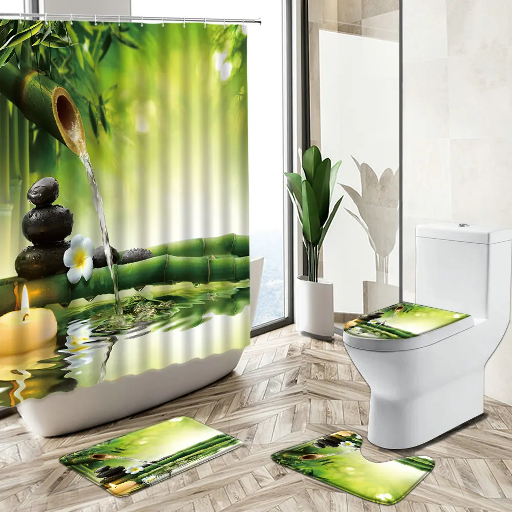 Offerte Zen Set Tenda Da Doccia Spa Acqua Orchidea Fiore Pietra Verde Bambù Antiscivolo Piedistallo Tappeto Copriwater Tappetino Da Bagno Casa Bagno Deco
