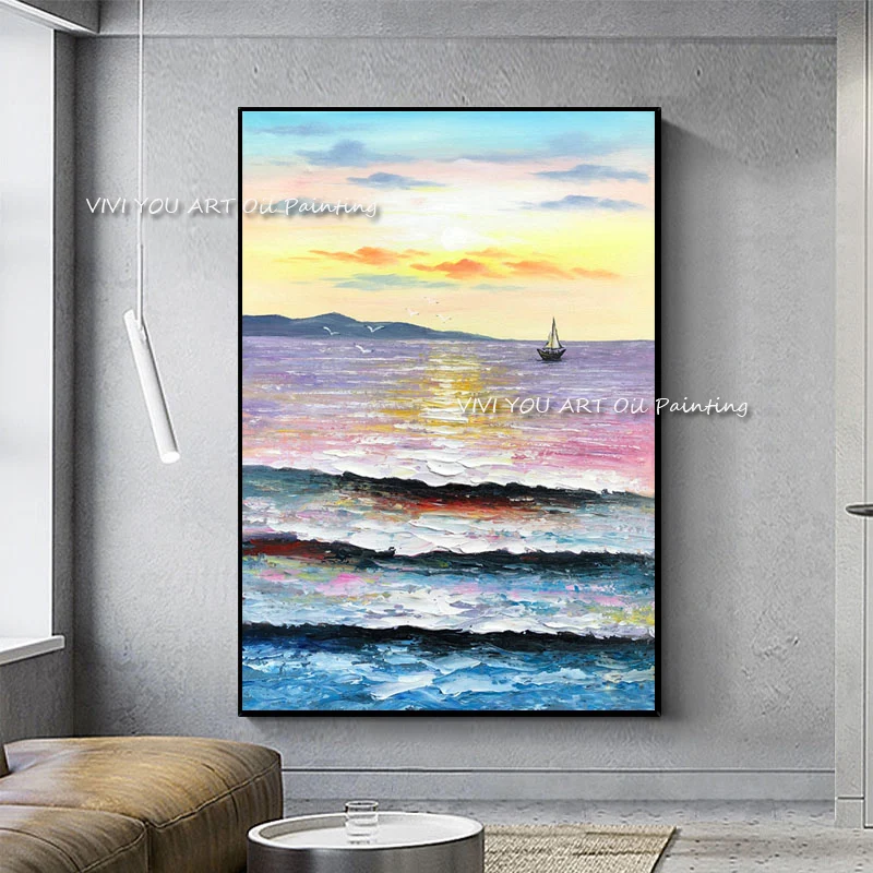 

The Sunset Sea View Ship Hand Painted Oil Paintings on Canvas Abstract Painting Sunrise Wall Picture for Living Room Decor Art
