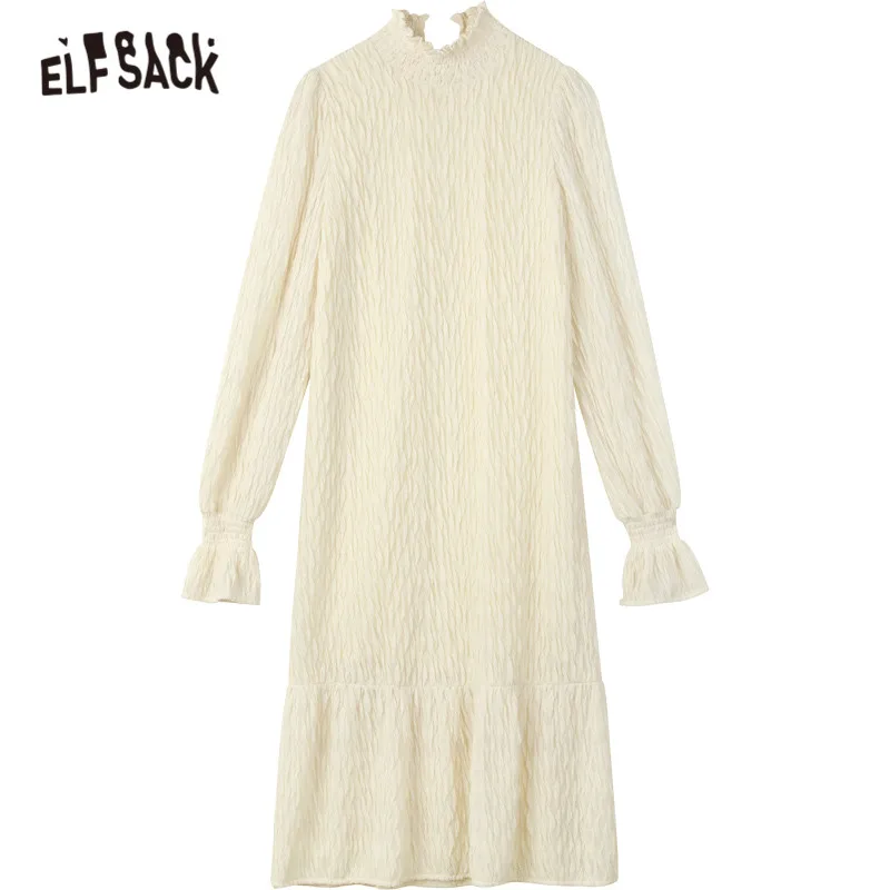 

ELFSACK Solid Pure High Waist Casual Knit Midi Dress Women,2020 Winter ELF Vintage Full Sleeve Korean Ladies Daily Dresses