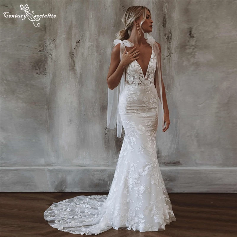 

Boho Wedding Dress Mermaid 2023 Backless Lace Appliques Elegant Boho Bride Dress Bohemian Bridal Gowns Robe De Mariee