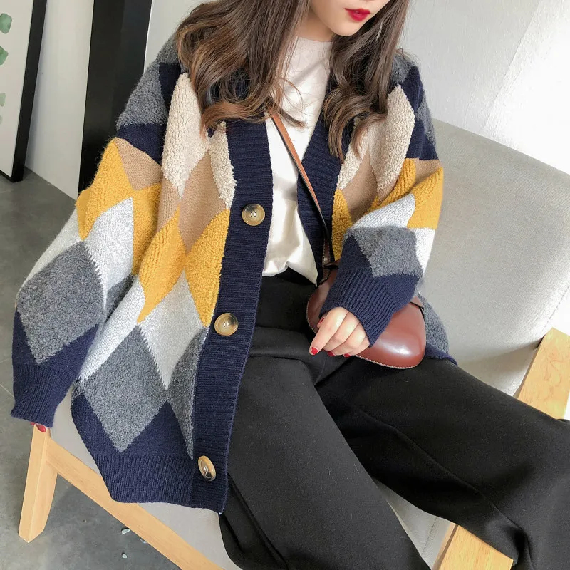 

Cardigan Sweater Autumn Winter Retro French Lazy Style Knitted Outerwear Women O-neck Mid-length Plaid Patchwork Jacket