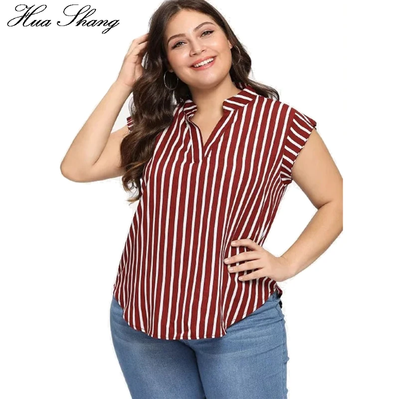 

Plus Size Blouse Shirt Women 2021 Summer Stand V Neck Short Sleeve Striped Print Casual Blouse Big Size Ladies Tunic Tops
