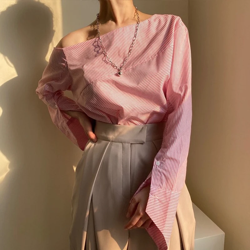

GALCAUR Stripes Off Shoulder Top Blouse Women Skew Collar Long Sleeve Slim Minimalist Casual Female Clothing 2021 Fashion New