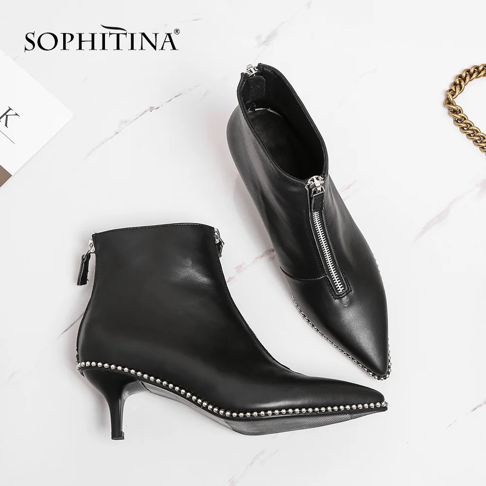 SOPHITINA/Новинки на осень 2019г. Женские ботинки уникальные высокого качества.Теплая обувь из натуральной кожи с молниями спереди и сзади. Ботинки на среднем тонком каблуке и удобной подошве со стразами на ранте. SO16