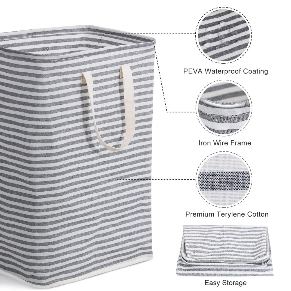 

Striped Foldable Laundry Basket Cotton Linen Hamper Bin With Extended Handles For Bedroom Bathroom Laundry Room Storage Baskets