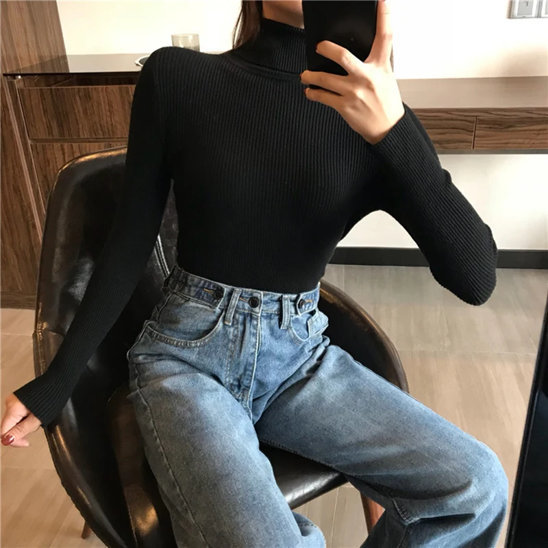 

2021 Autumn Winter Thick Sweater Women Knitted Ribbed Pullover Sweater Long Sleeve Turtleneck Slim Jumper Soft Warm Pull Femme