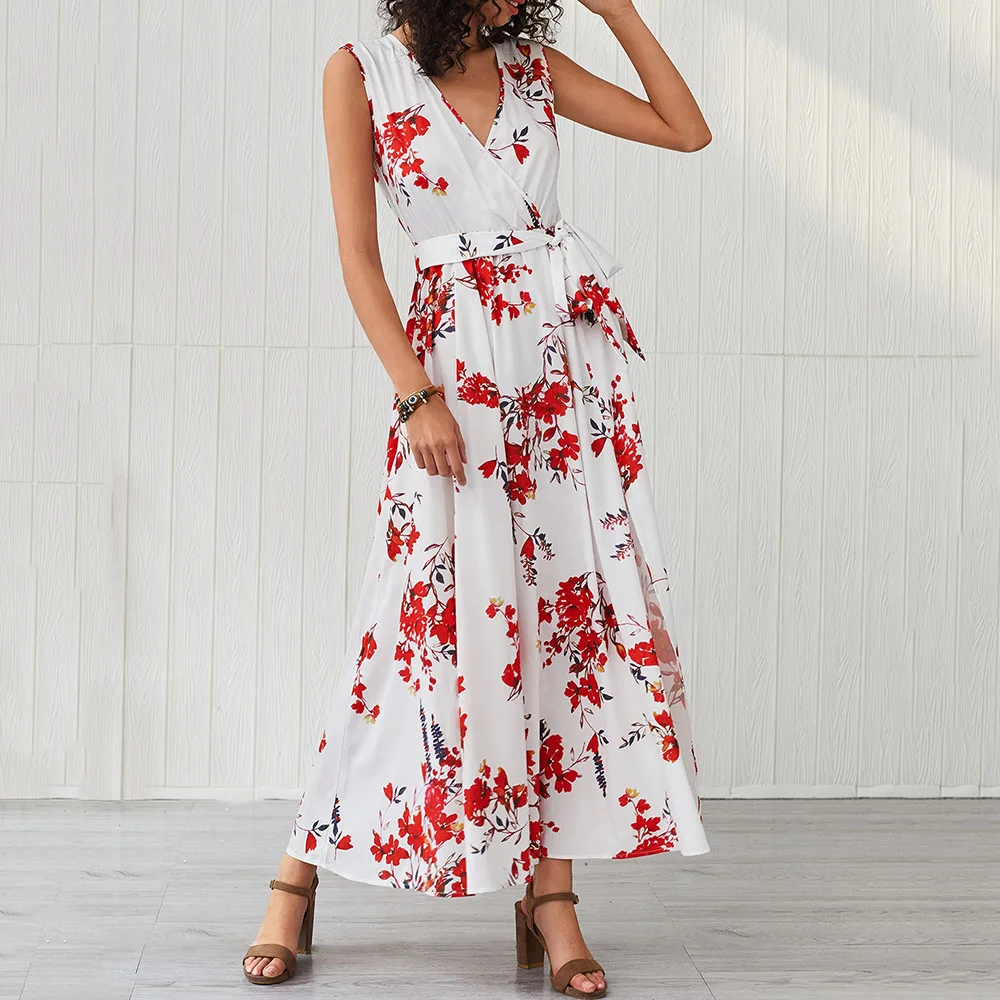Богемное женское белое платье на шнуровке 2020 с цветочным принтом длинное пляжное