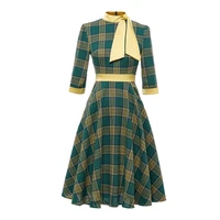 women spring autumn 34 sleeve green plaid printed bow vintage retro elegant ladies party knee length dress