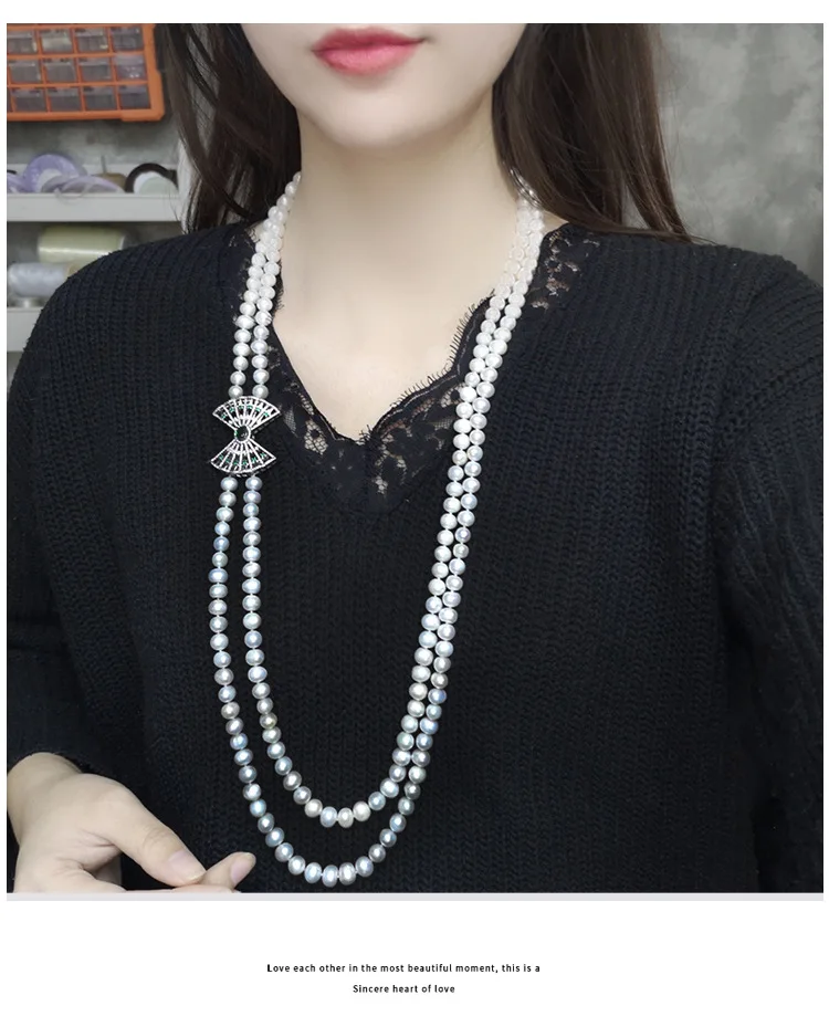 Женское длинное ожерелье с натуральным жемчугом колье 2 нитями Соединитель