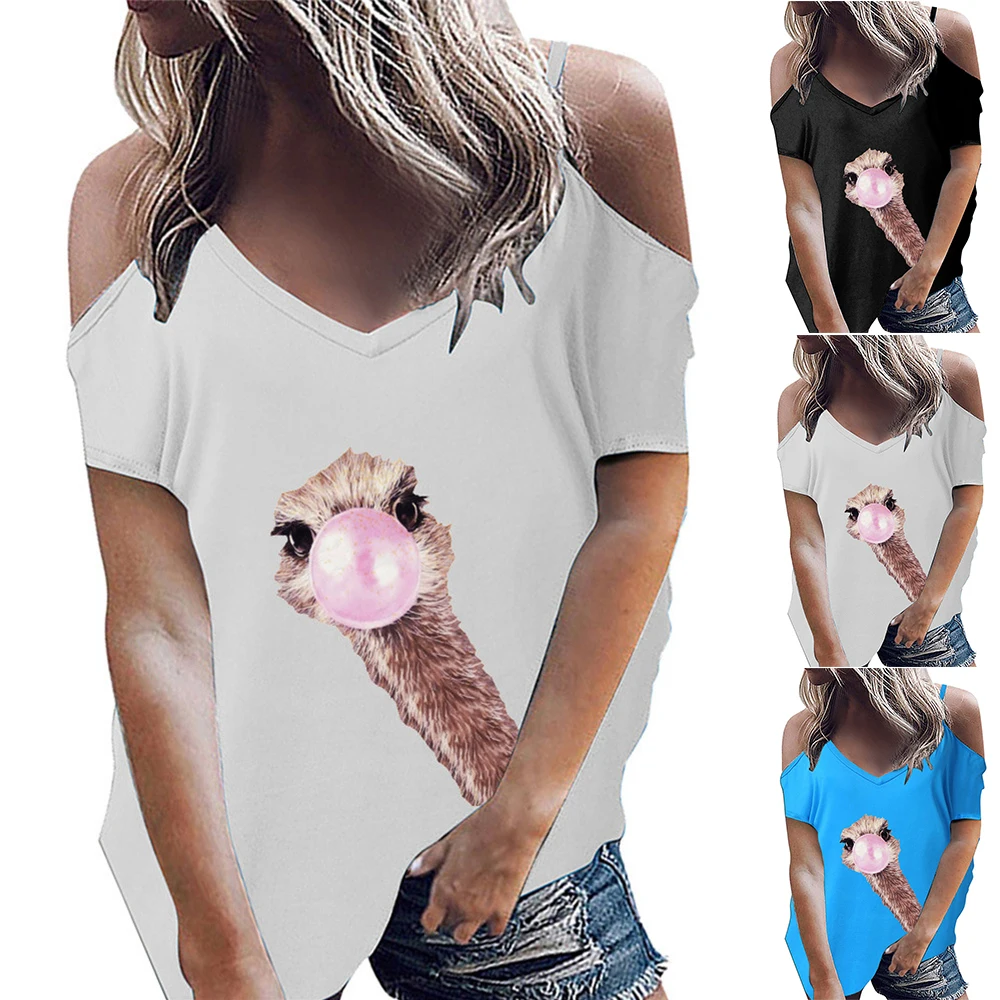 

Футболка женская с принтом животных, милая рубашка с открытыми плечами, с коротким рукавом, с V-образным вырезом, повседневный топ в стиле Ха...