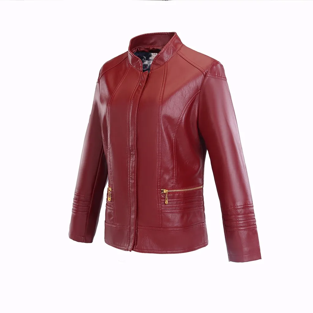Женская приталенная кожаная куртка Цвет Красный сезон осень зима модные пальто