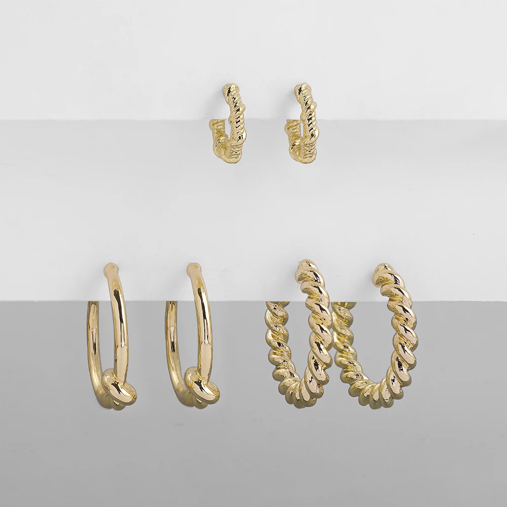 

3 Pairs/set Geometric Twisted Hoop Earring for Women Gold Metal Big Round Circle C-Shaped Earrings Statement Party Jewelry