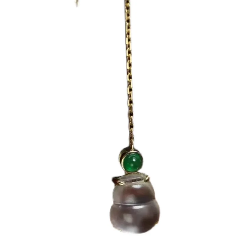 

Original High Ice Glass Type Fluorescent Chalcedony Gourd Emerald Hanging Earrings S925 Sterling Silver Inlaid Simple All-Match