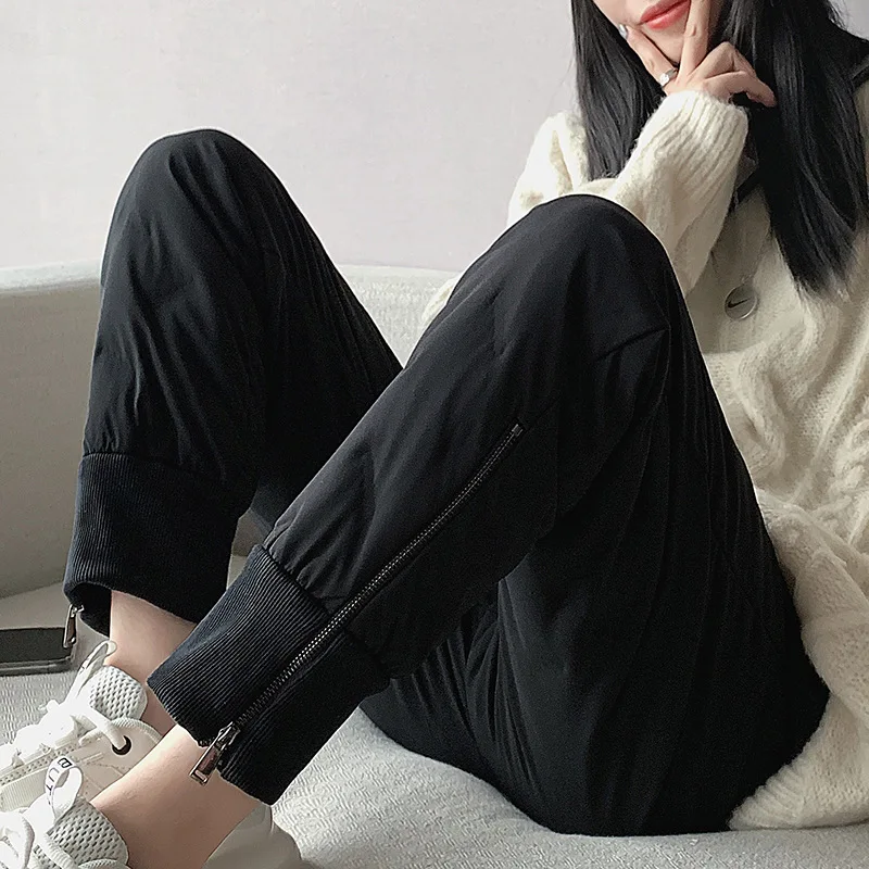 

Зимние женские брюки, свободные штаны, утепленные повседневные теплые штаны на белом утином пуху с высокой талией, на шнуровке, полная длина...