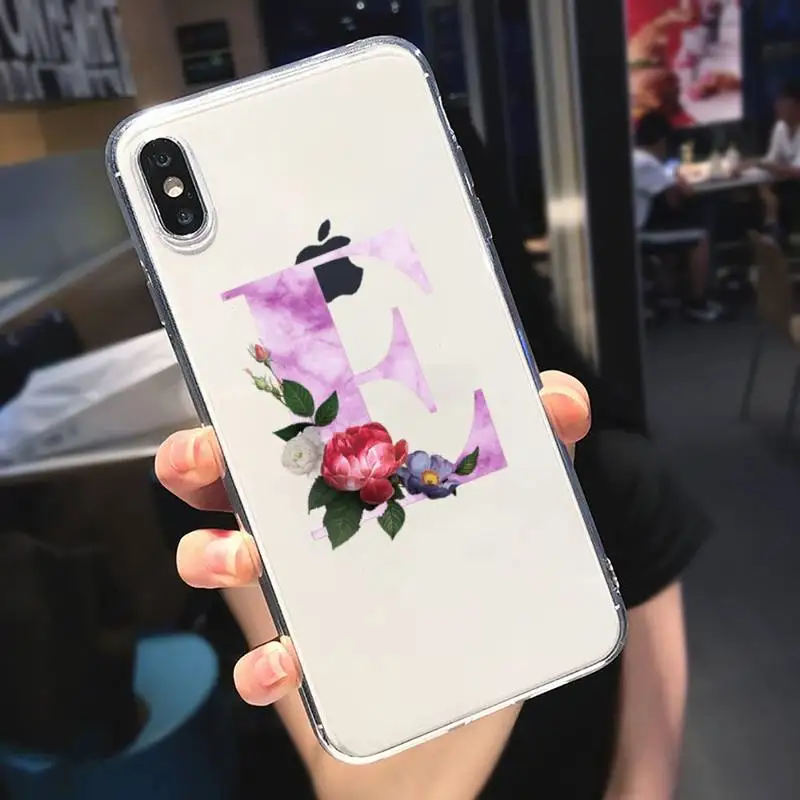 

letter flower marble Cute Letters Phone Case Transparent for iPhone 6 7 8 11 12 s mini pro X XS XR MAX Plus