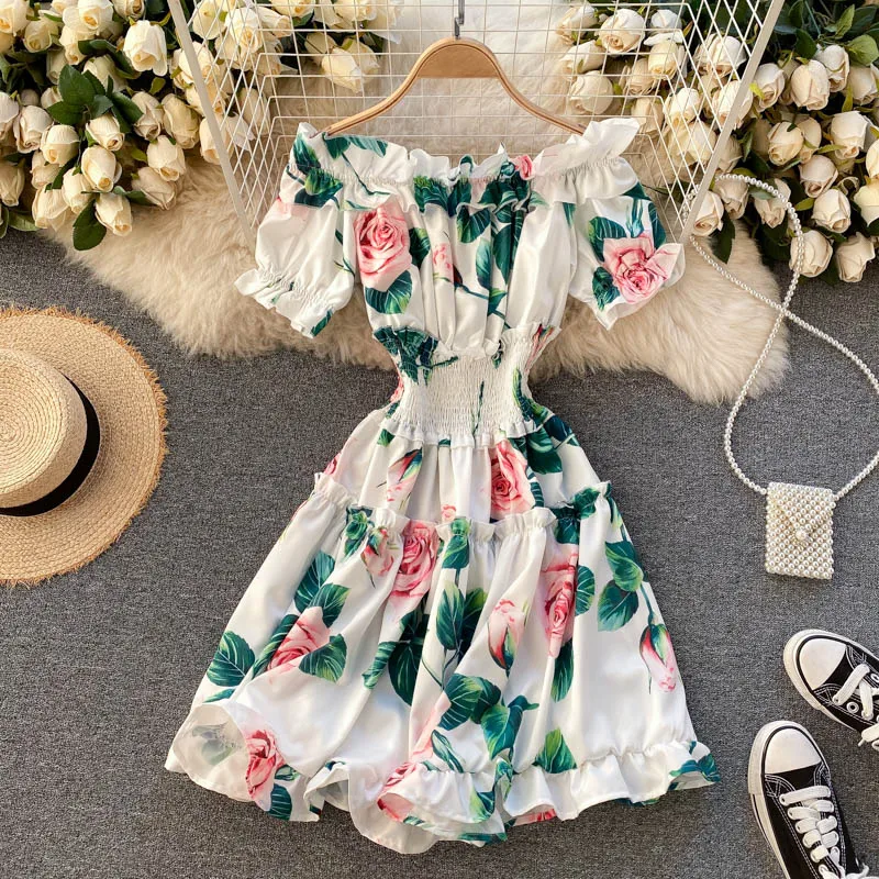 

Women's Spring Autumn Runway Fashion Elastic Slash Neck Rose Print Dress Female Short Sleeve Chic Travel Beach Dress TB961