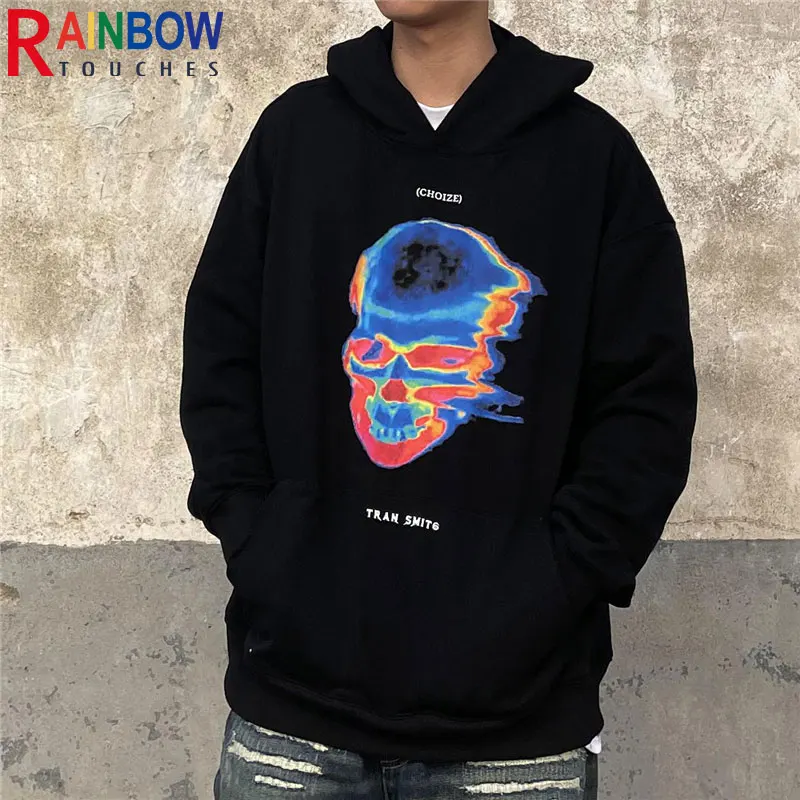 

Rainbowtouches Hoodie Men High Street Tidal Flame Skull Print Splicing Hoodies Hip Hop Trend Coat Unisex Superior Quality Coat