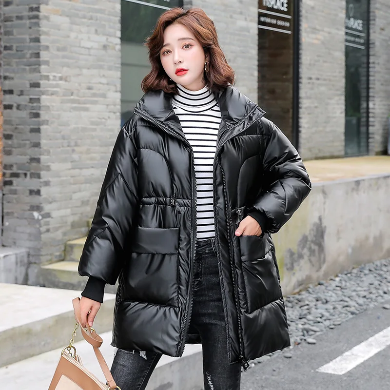 Solid Casual Long Women Winter Parkas Stand Collar Glossy Thick Down Cotton Coat Ladies Shiny Zipper Puffer Jacket with Pockets