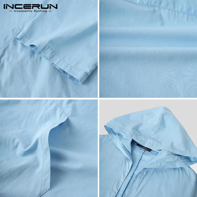 

INCERUN Muslim Kaftan Men Cotton Long Sleeve Hooded Pockets V Neck Robes Solid Color Men Jubba Thobe Islamic Arabic Caftan S-5XL