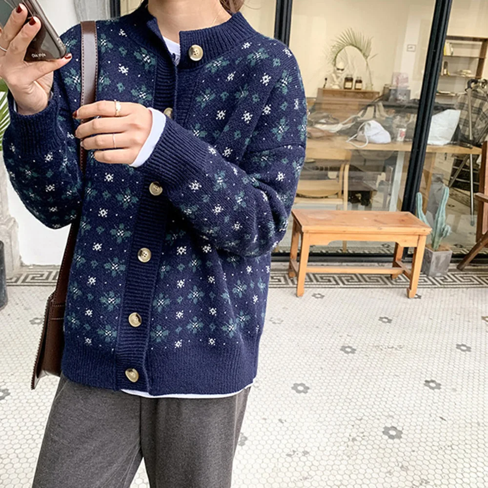 

2021 Autumn Winter Fashion New Women Sweater Casual Single Breasted Jacquard Long Sleeve Round Neck Knitting Cardigans Coat