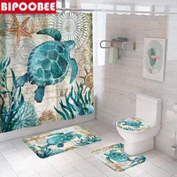 Sea Turtle Bathroom Decor Sets Shower Curtain and Bath Mat Waterproof Fabric 3D Bathtub Curtains Home Carpet Toilet Lid Cover