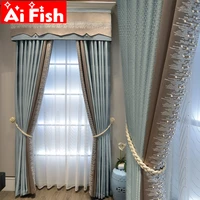 light luxury modern pearls sequins blue stitching blackout curtains for living room white bedroom window tulle curtain my4964