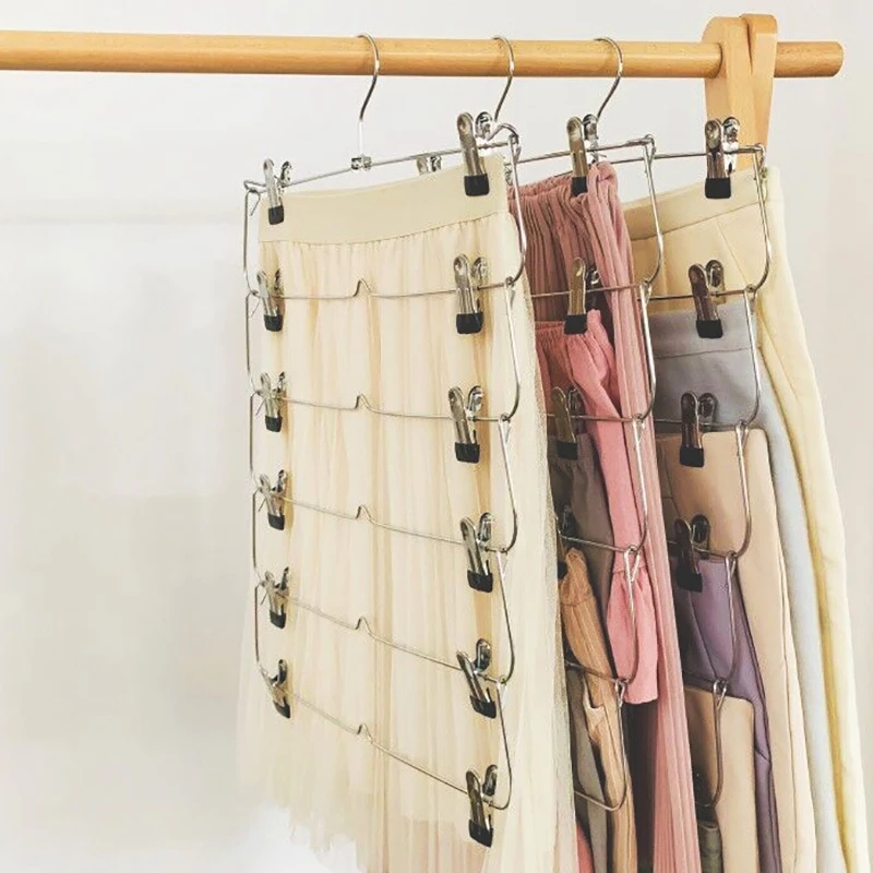 

Space Saving 6 Tier Metal Skirt Hanger with Clips (3 Pack) Hang 6-On-1, Gain 70% More Space, Rubber Coated Hanger Clips