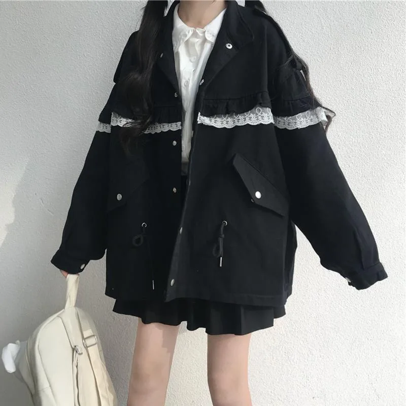 

Student Japanese Preppy Lace Patchwork Tooling Jacket Women Vintage Harajuku Casual Loose Coat Single Breasted Outwear
