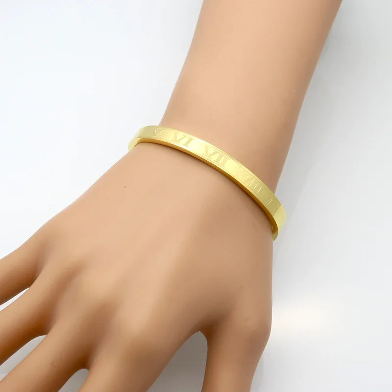 

Hot Sell Titanium Stainless Steel Roman Numerals Gold Color Cuff Bracelets Love Letter Men Women Open Bangles